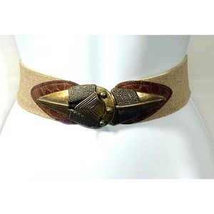 Omega Vintage 1990's Tan Stretch Belt Tribal Metal Clasp, Size Large